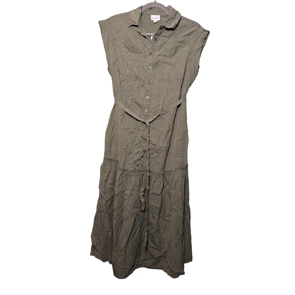 Isabel Maternity Maxi Dress L Green Button Down Tiered Utility Sleeveless NWT